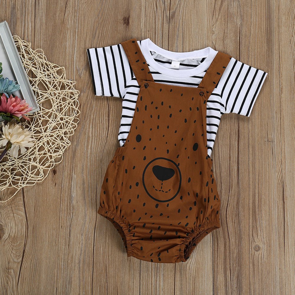 Ensemble Bébé 2 Pièces – Salopette Ours Marron & T-Shirt Rayé 100% Coton - Louis Alat