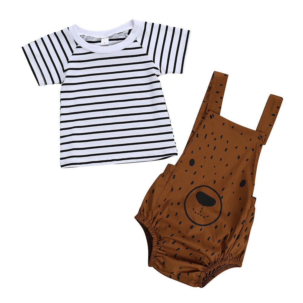 Ensemble Bébé 2 Pièces – Salopette Ours Marron & T-Shirt Rayé 100% Coton - Louis Alat