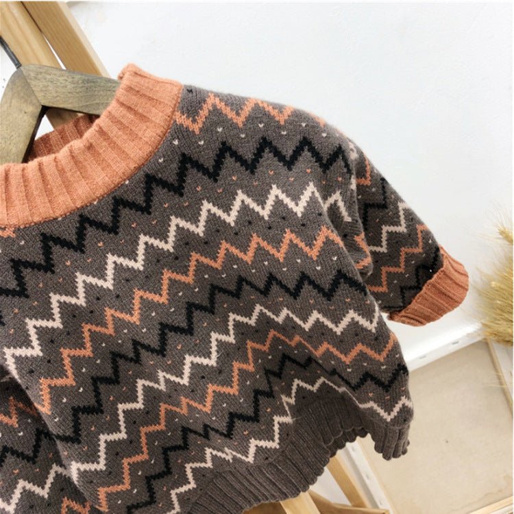 Pull enfant “Zig & Cozy” – Motif vintage marron & abricot - Louis Alat
