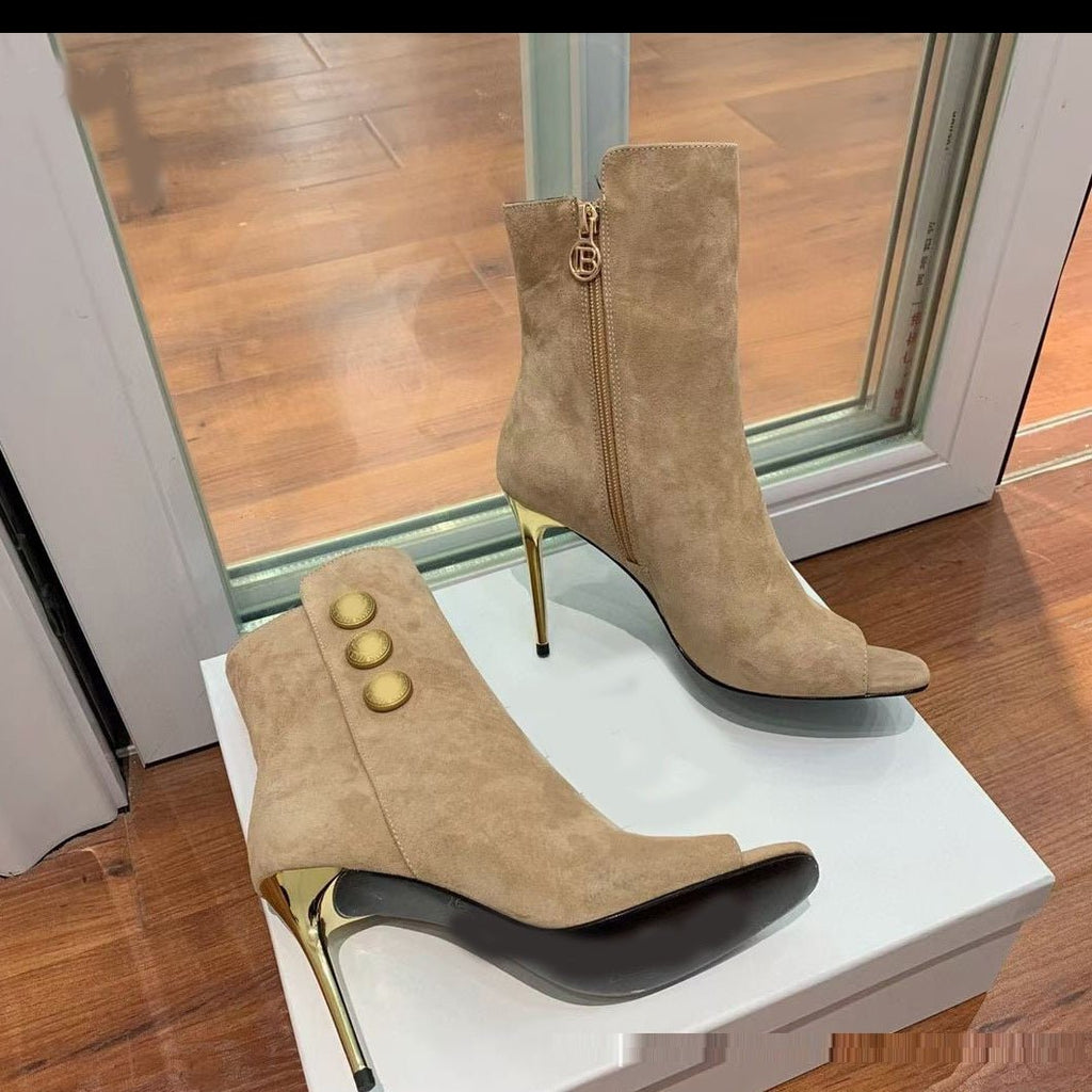 Bottines Stiletto Luxe – Élégance Dorée & Bout Ouvert Distingué - Louis Alat