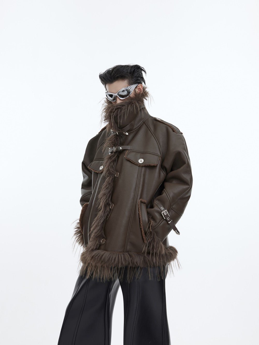 Ascendante PU Jacket – Belt‑Buckle Fur Trim Statement Piece - Louis Alat