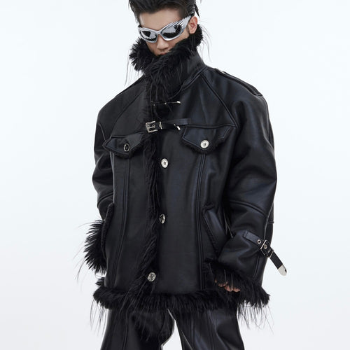 Ascendante PU Jacket – Belt‑Buckle Fur Trim Statement Piece - Louis Alat