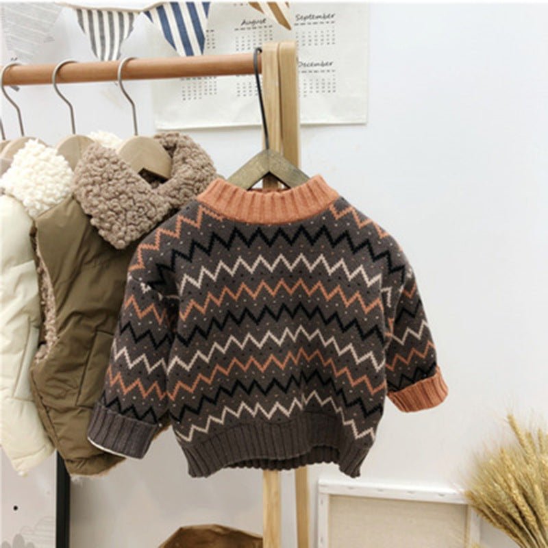 Pull enfant “Zig & Cozy” – Motif vintage marron & abricot - Louis Alat